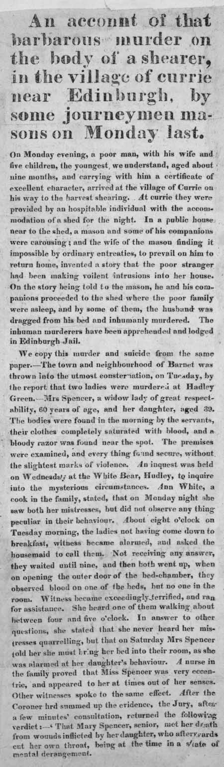 Broadside concerning the murder of a shearer, and the deaths of a mother and daughter.