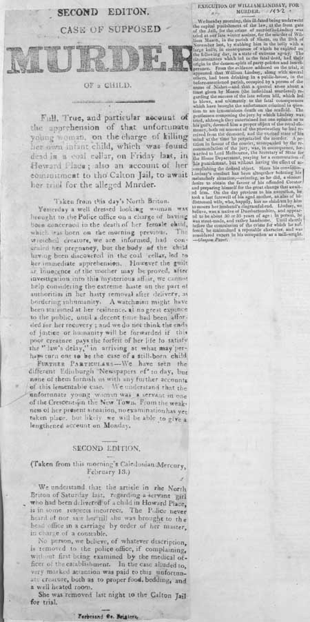 Broadside entitled 'Second Edition. Case of supposed Murder of a Child'
