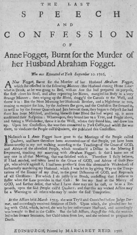 Broadside concerning the burning of Anne Fogget