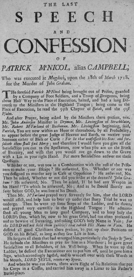 Broadside regarding the execution of Patrick McNicol or Campbell