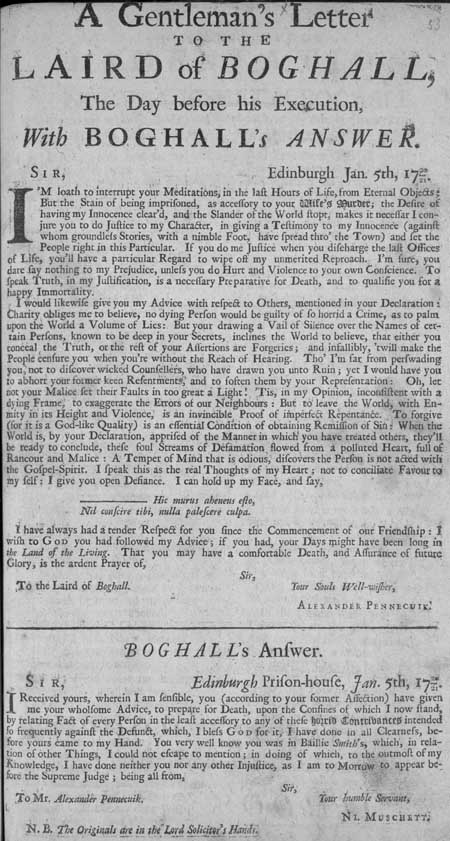 Broadside showing a letter from Alexander Pennecuik to the Laird of Boghall, and Boghall's reply