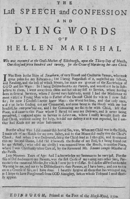 Broadside regarding the execution of Helen Marishal