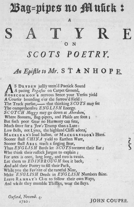 Broadside ballad entitled 'Bagpipes No Musick: A Satyre on Scots Poetry / An Epistle to Mr Stanhope'