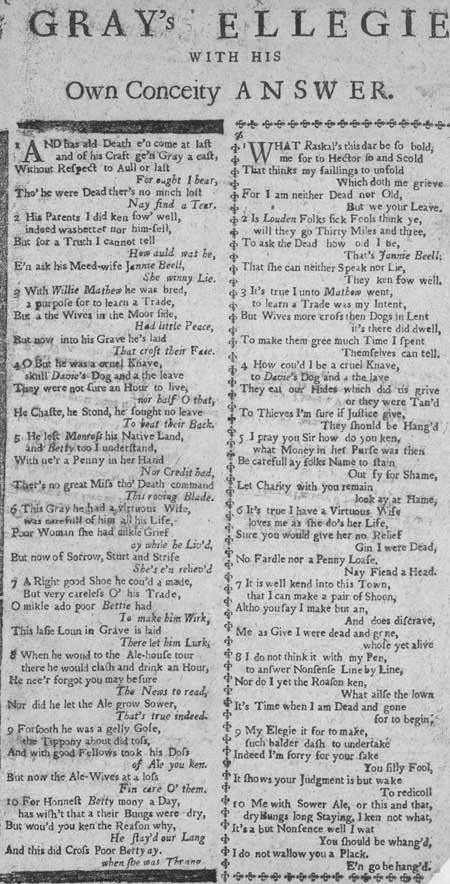 Broadside ballad entitled 'Gray's Ellegie With His Own Conceity Answer'