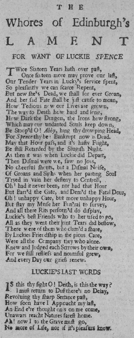 Broadside entitled 'The Whores of Edinburgh's Lament for want of Luckie Spence'
