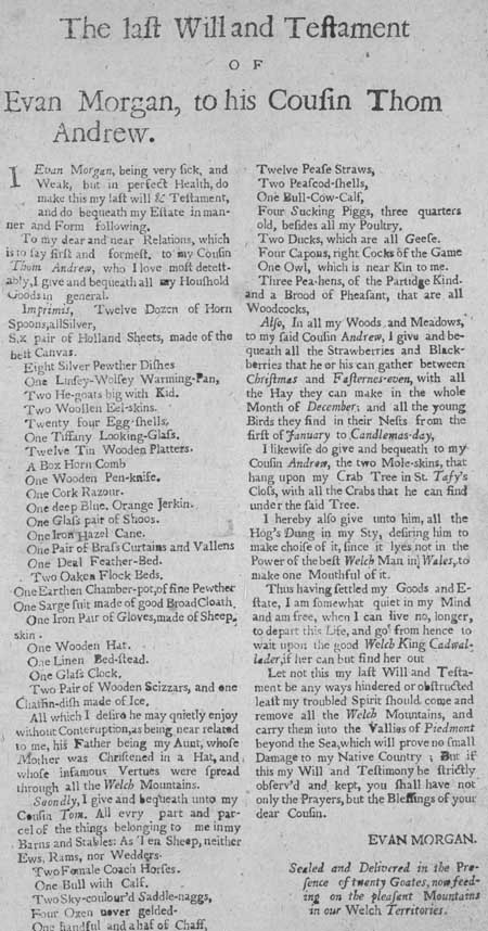 Broadside entitled 'The Last Will and Testament of Evan Morgan, to his cousin Thom Andrew'