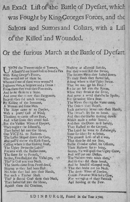 Broadside entitled 'An Exact List of the Battle of Dyesart', 1720