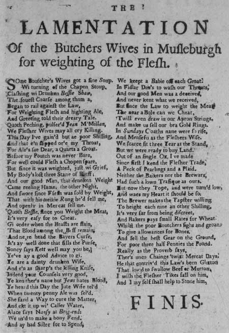 Broadside entitled 'The Lamentation of the Butchers Wives in Musleburgh for Weighting of the Flesh'