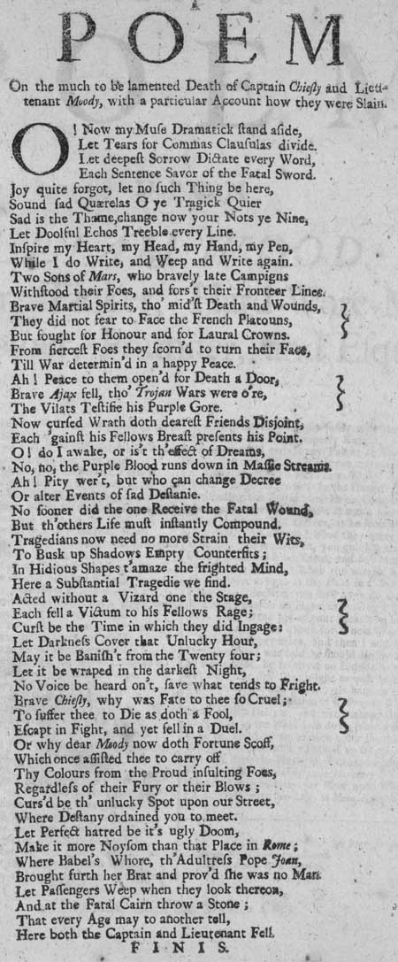Broadside entitled 'A Poem on the Much to be Lamented Death of Captain Chiefly and Lieutenant Moody'