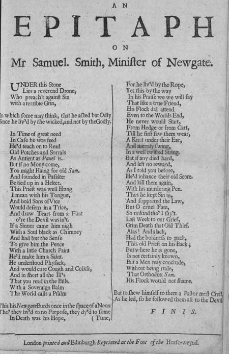 Broadside entitled 'An Epitaph on Mr Samuel Smith, Minister of Newgate'