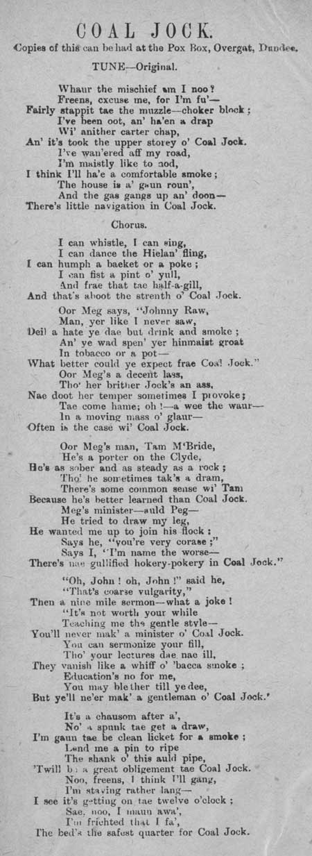 Broadside ballad entitled 'Coal Jock'