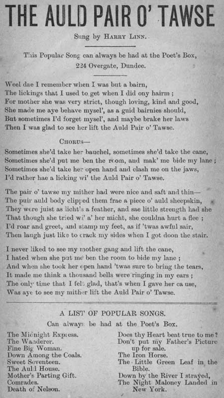 Broadside ballad entitled 'The Auld Pair O' Tawse'