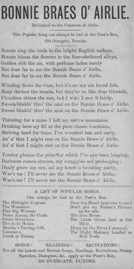 Broadside ballad entitled 'Bonnie Braes o' Airlie'