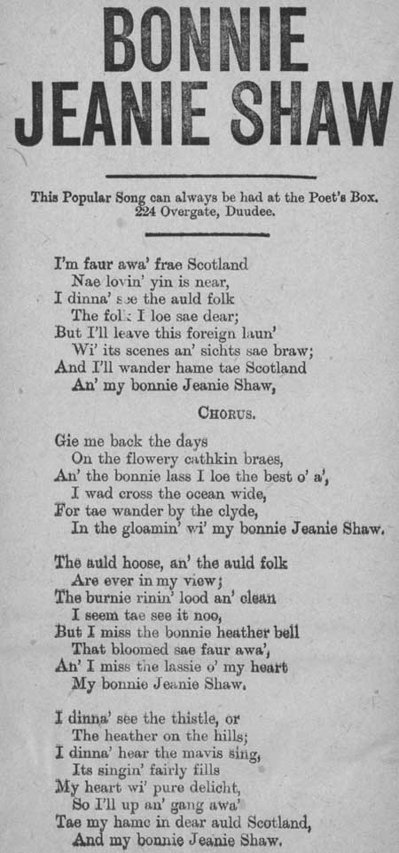 Broadside ballad entitled 'Bonnie Jeanie Shaw'