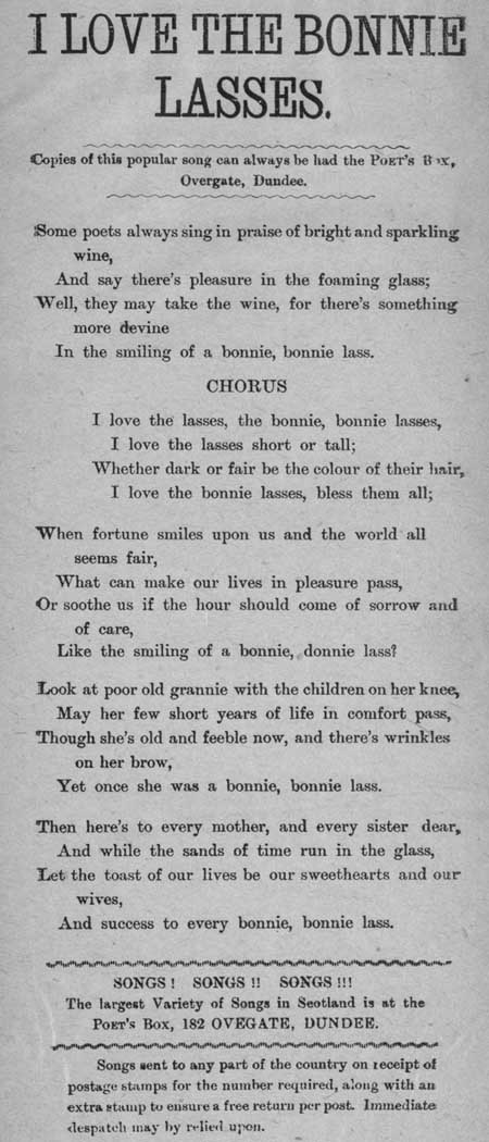 Broadside entitled 'I Love the Bonnie Lassies'