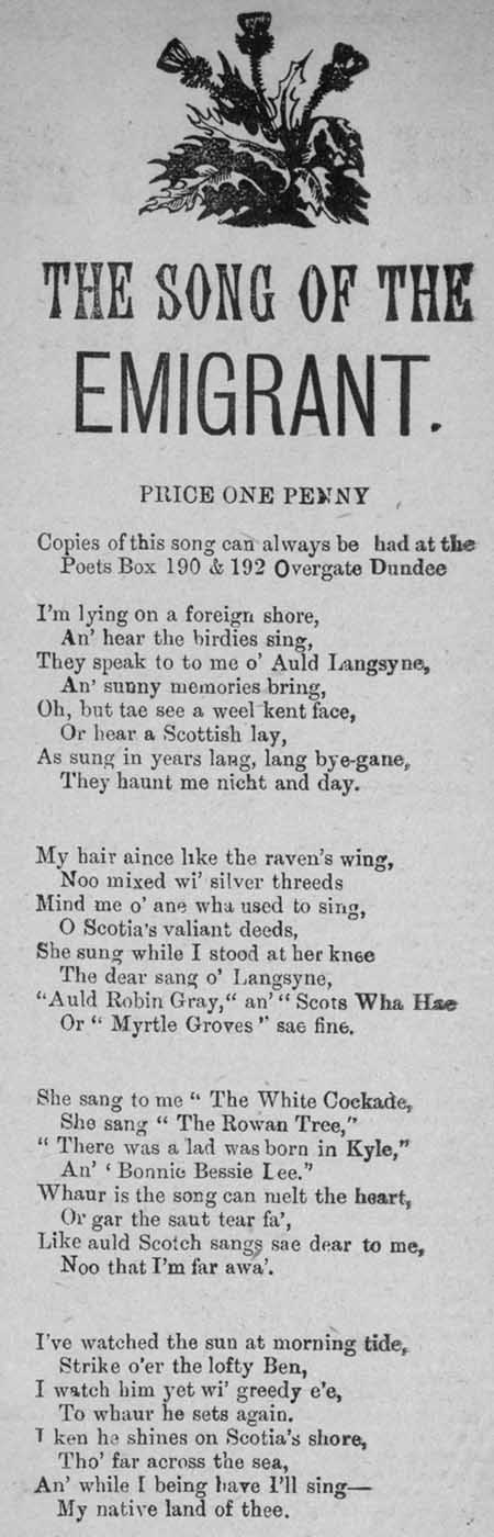 Broadside ballad entitled 'The Song of the Emigrant'