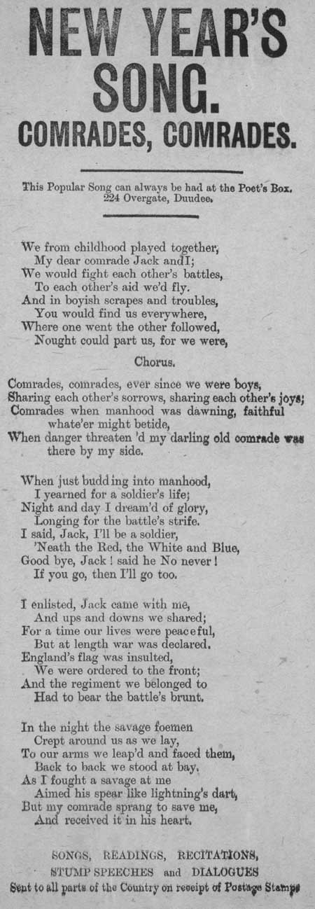 Broadside ballad entitled 'New Year's Song. Comrades, Comrades'