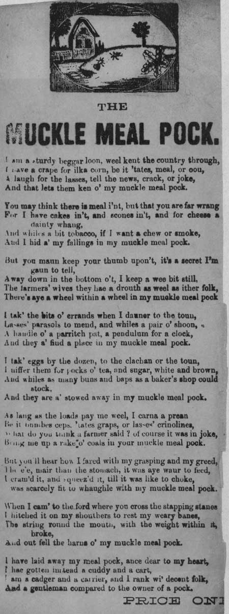 Broadside ballads entitled 'The Muckle Meal Pock' and 'Irish Molly, O'.