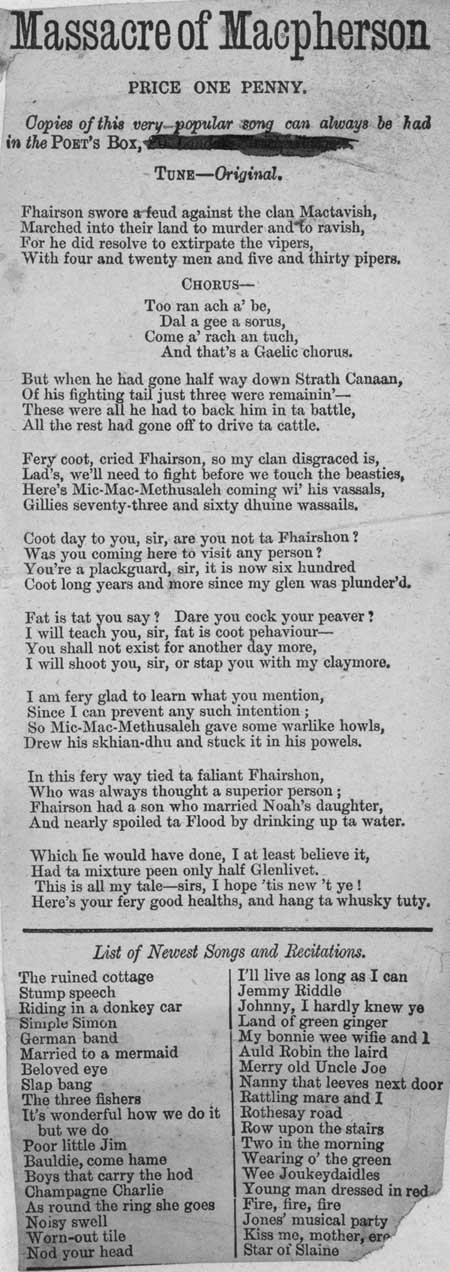 Broadside ballad entitled 'Massacre of Macpherson'