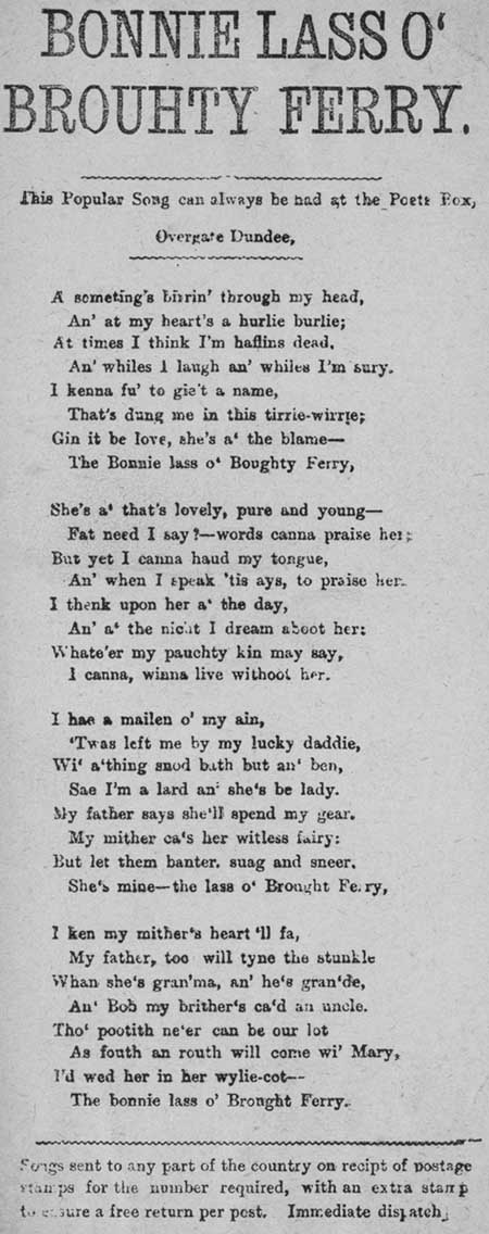Broadside ballad entitled 'Bonnie Lass o' Broughty Ferry'