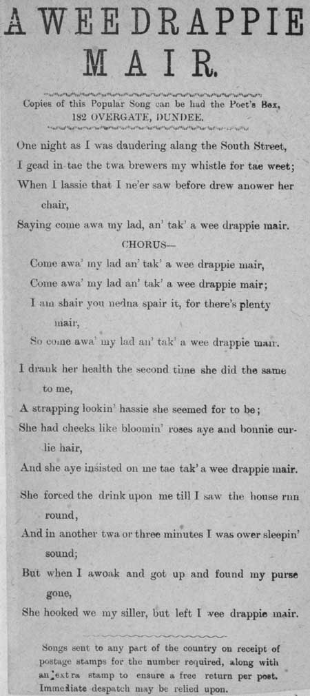 Broadside ballad entitled 'A Wee Drappie Mair'