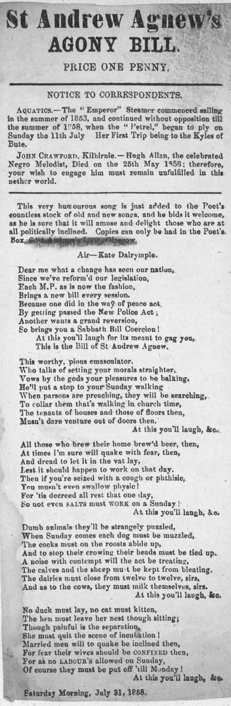 Broadside ballad entitled 'St Andrew Agnew's Agony Bill'