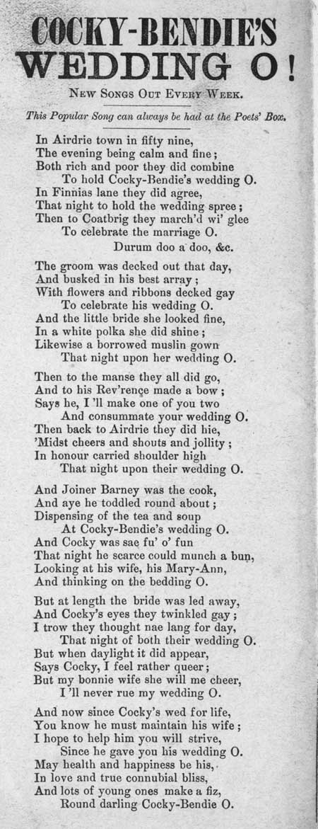 Broadside ballad entitled 'Cocky-Bendie's Wedding O'