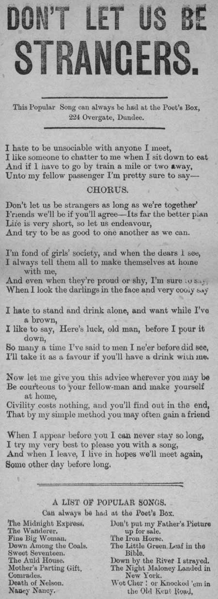 Broadside ballad entitled 'Don't Let Us Be Strangers'