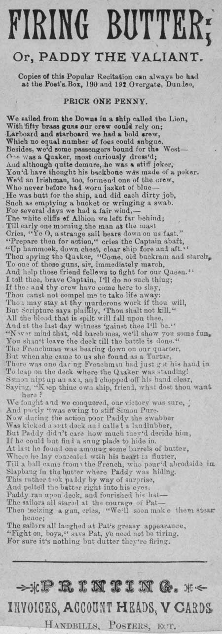 Broadside ballad entitled 'Firing Butter; or, Paddy the Valiant'