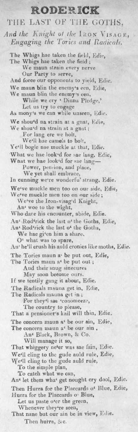 Broadside ballad entitled 'Roderick the Last of the Goths, and the Knight of the Iron Visage, Engaging the Tories and Radicals'
