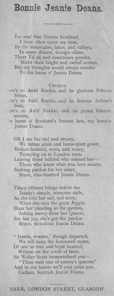 Broadside ballad entitled 'Bonnie Jeanie Deans'