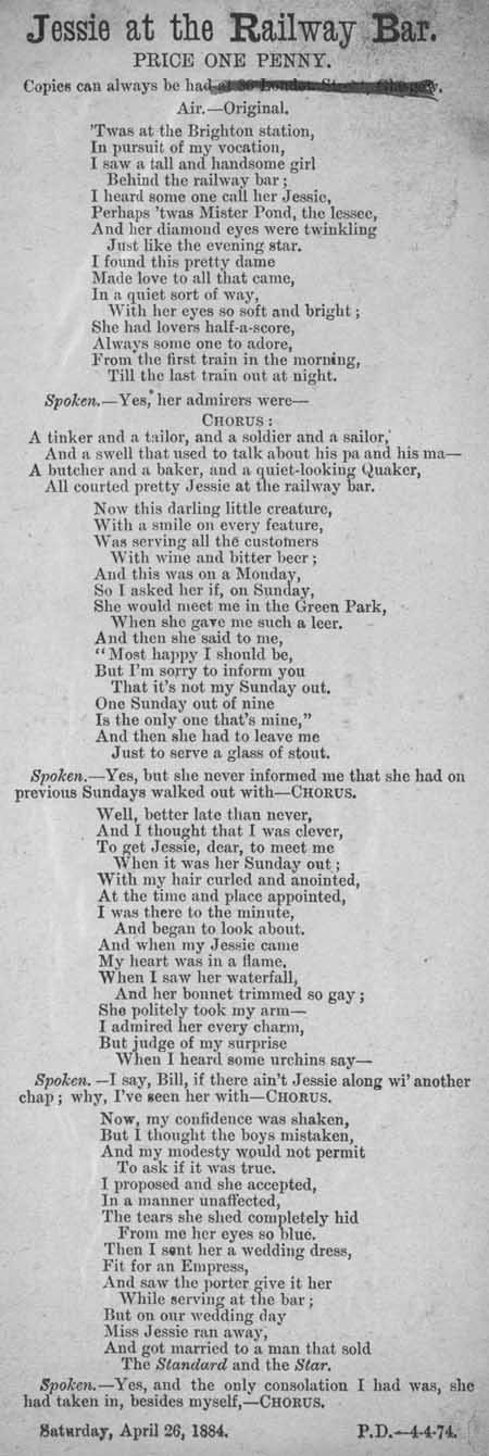 Broadside ballad entitled 'Jessie at the Railway Bar'