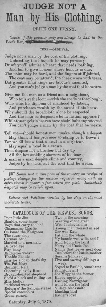 Broadside ballad entitled 'Judge Not a Man by His Clothing'