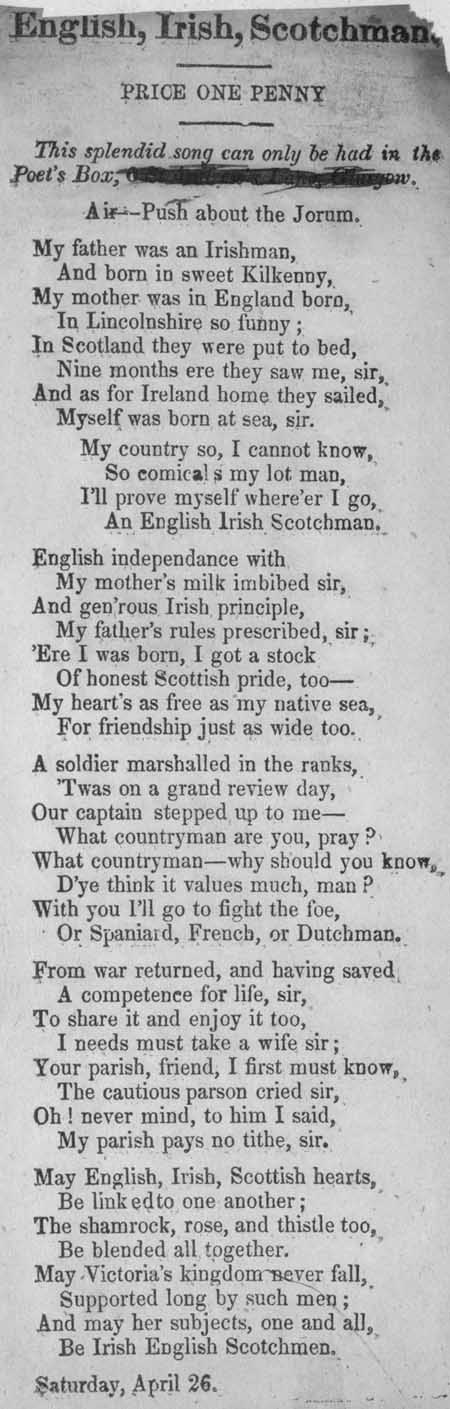 Broadside ballad entitled 'English, Irish, Scotchman'