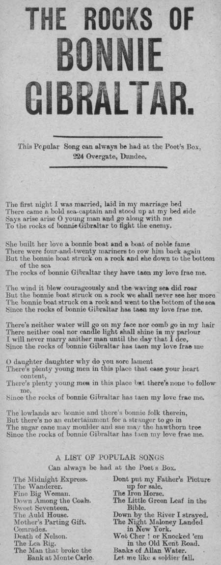 Broadside ballad entitled 'The Rocks of Bonnie Gibraltar'