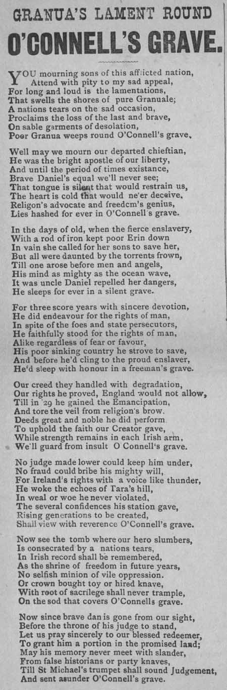 Broadside ballad entitled 'Granua's Lament Round O'Connell's Grave'