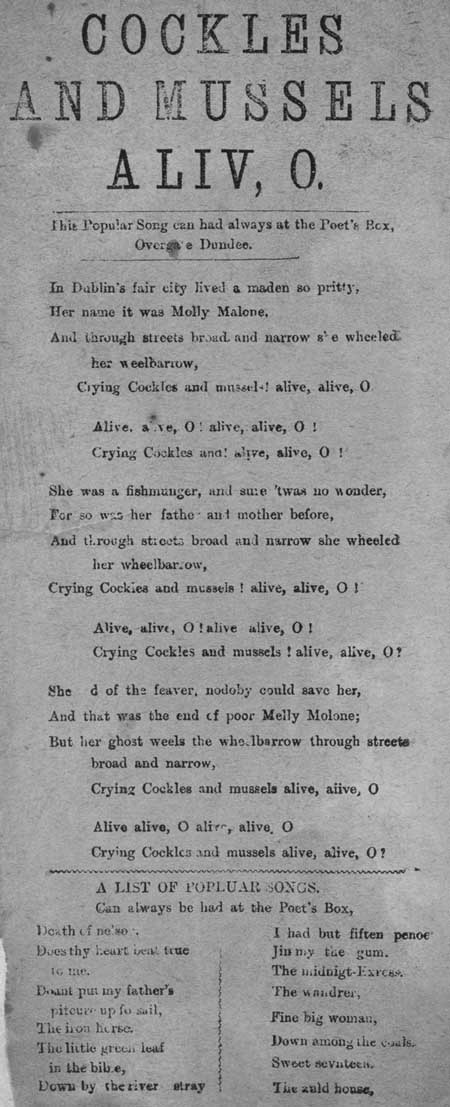 Broadside ballad entitled 'Cockles and Mussels. Aliv, O'