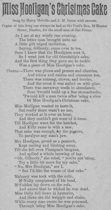 Broadside ballad entitled 'Miss Hooligan's Christmas Cake'