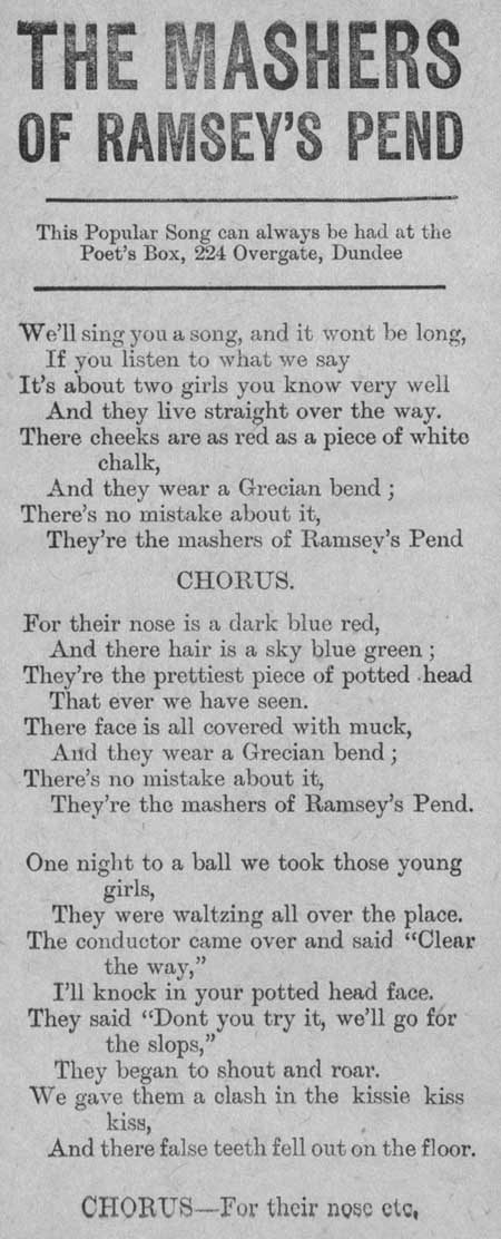 Broadside ballad entitled 'The Mashers of Ramsey's Pend'