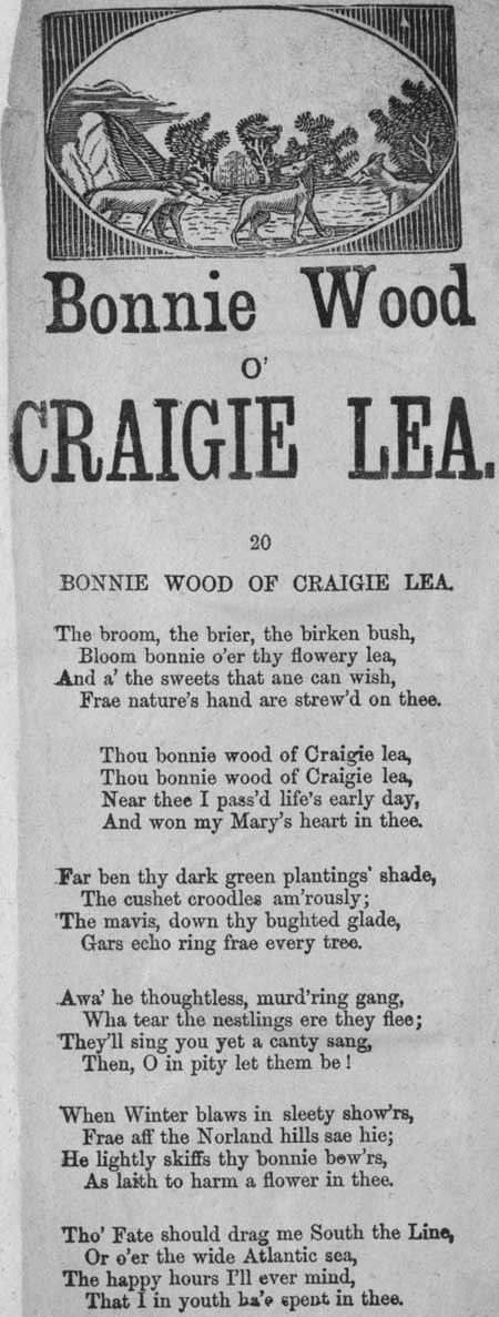 Broadside ballad entitled 'Bonnie Wood o' Craigie Lea'