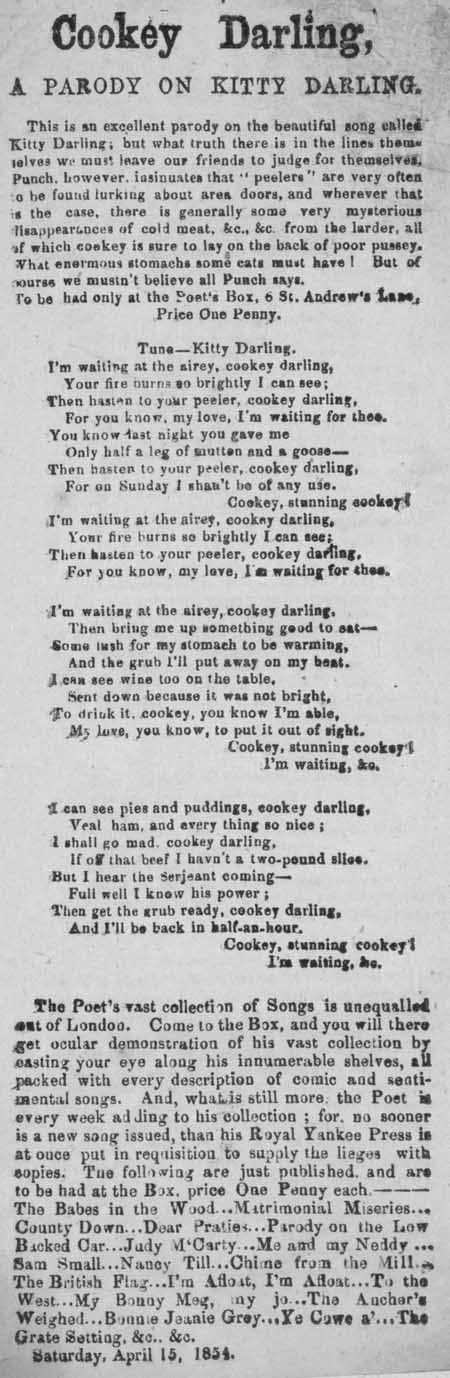 Broadside ballad entitled 'Cookey Darling, a Parody on Kitty Darling'