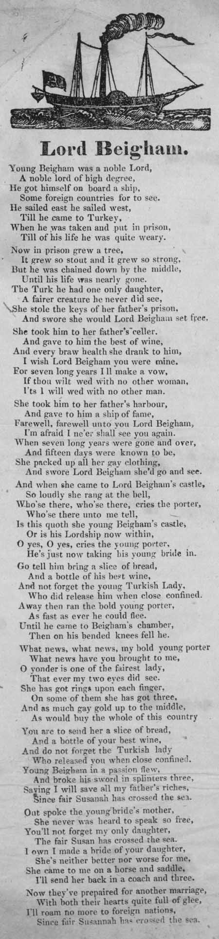 Broadside ballad entitled 'Lord Beigham'