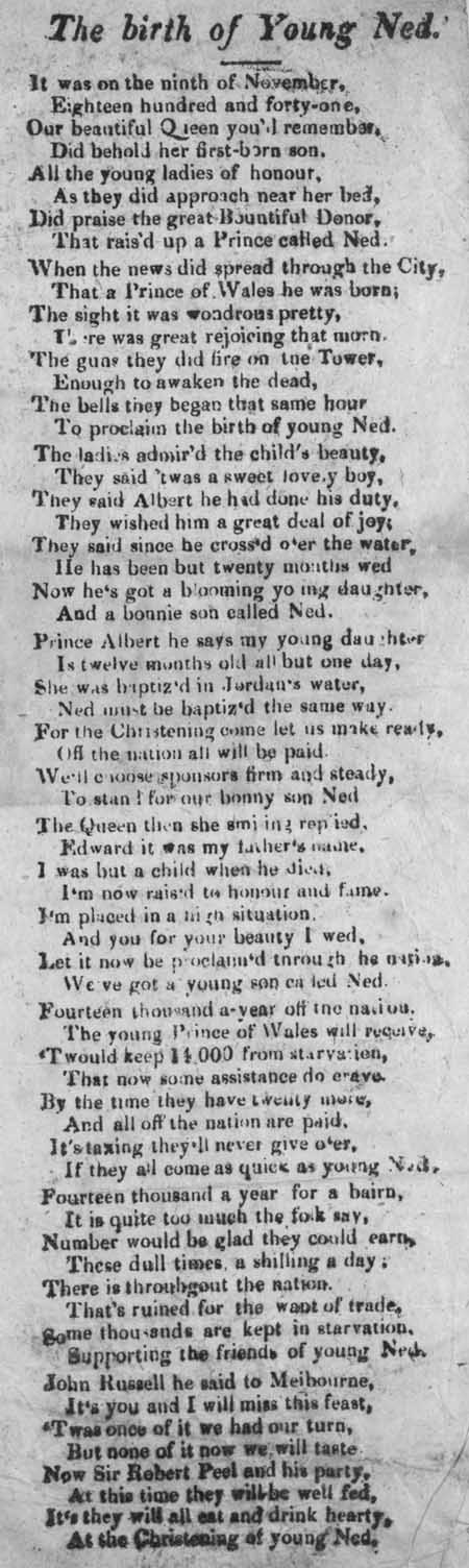 Broadside ballad entitled 'The Birth of Young Ned'