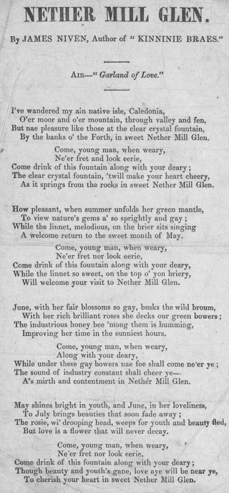 Broadside ballad entitled 'Nether Mill Glen'