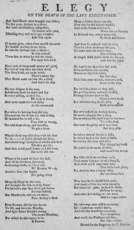 Broadside ballad entitled 'Elegy on the Death of the Late Executioner'