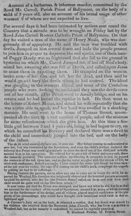 Broadside concerning a murder perpetrated by Revd Mr. Carroll, Parish Priest of Ballymore