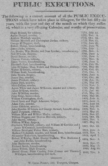 Broadside listing all the public executions that took place in Glasgow between 1765 and 1820