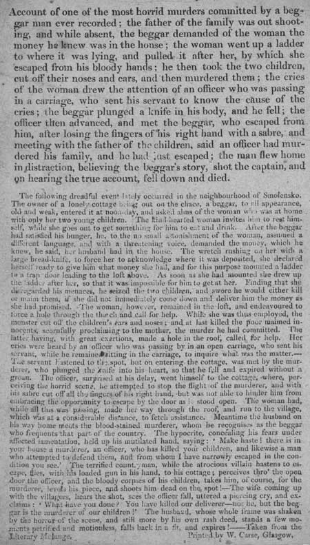Broadside concerning the apparent murder of a family by a beggar