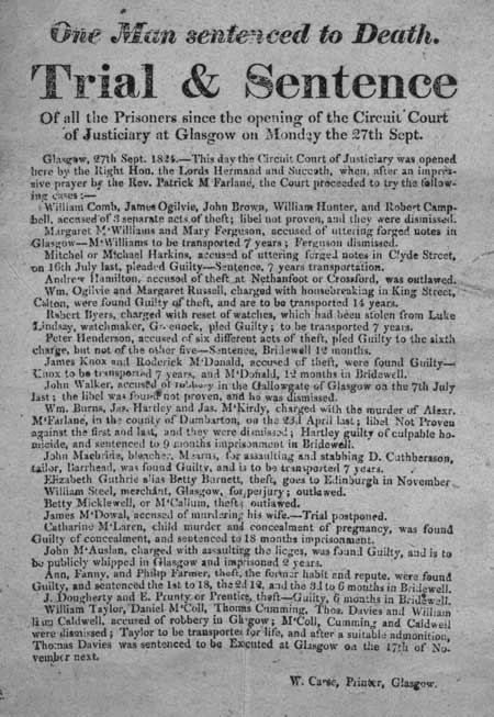 Broadside concerning the proceedings of the Circuit Court of Justiciary, Glasgow