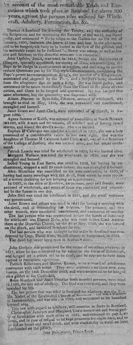 Broadside account concerning trials and executions for 'Witchcraft, Adultery, Fornication, &c. &c.'